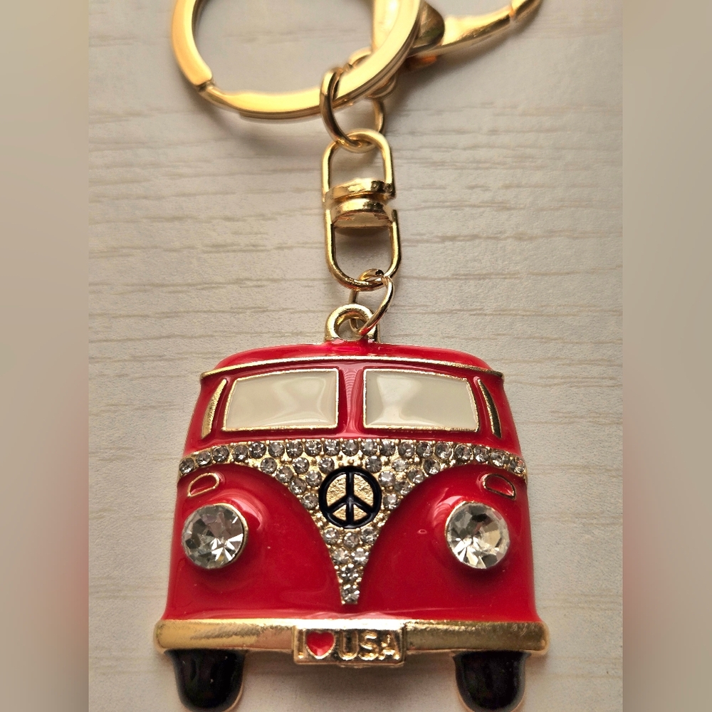 Red and Goldtone Bus Keychain/ Purse Charm
